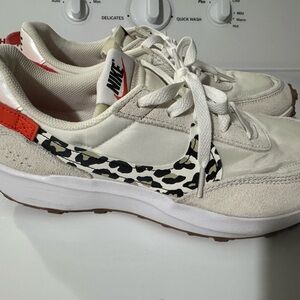 Nike Women's Cream and Red Sneakers with Leopard Print